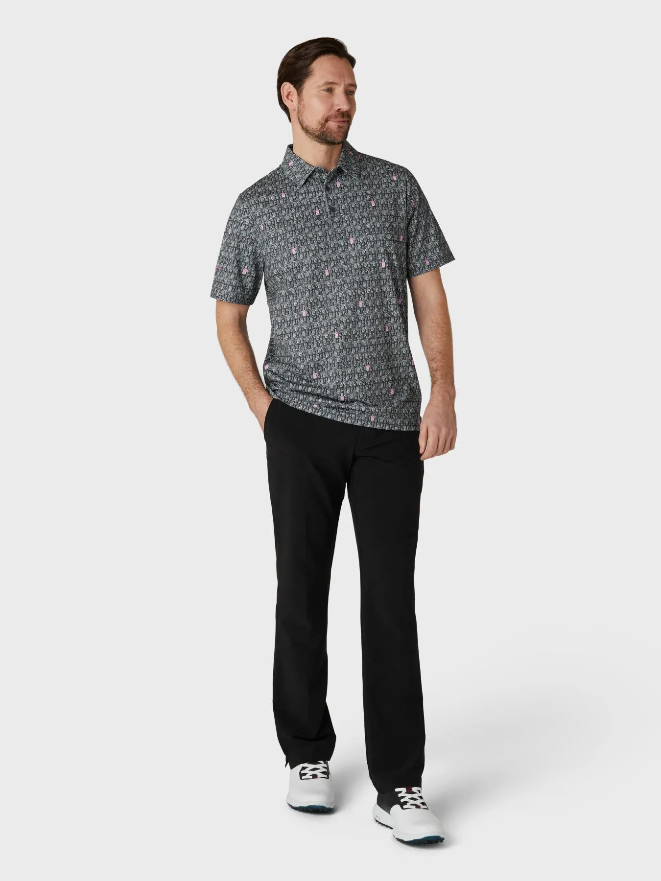 Short Sleeve All Over Scotch Novelty Print Polo Shirt In Asphalt
