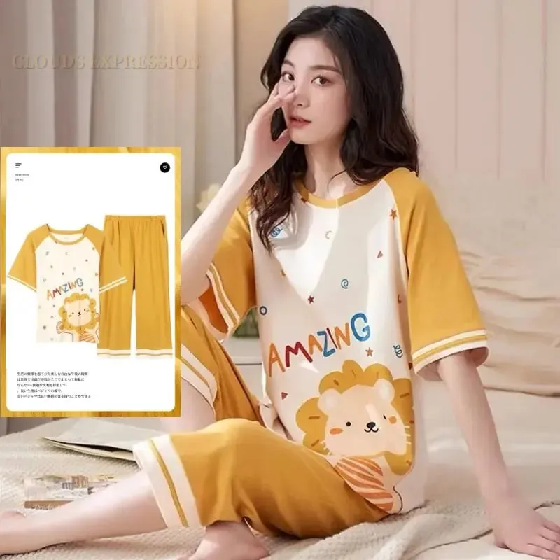 Summer Knitted Cotton Cartoon Pajamas Sets Women Pyjamas Sleepwear Nightwear Pijama Mujer Plus Size Calf-Length Pants Homewear