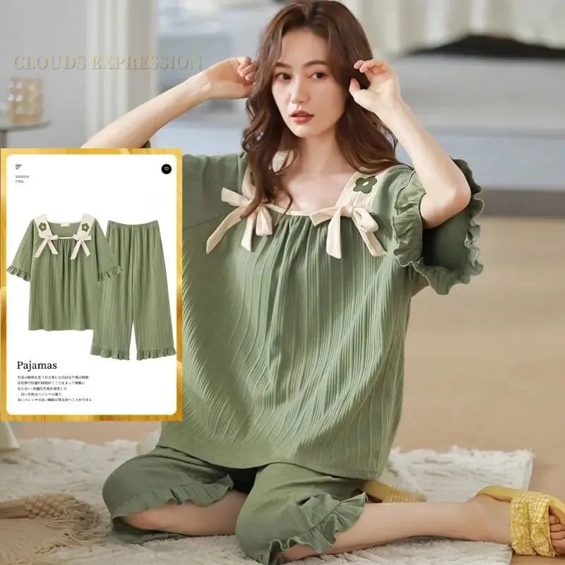 Summer Knitted Cotton Cartoon Pajamas Sets Women Pyjamas Sleepwear Nightwear Pijama Mujer Plus Size Calf-Length Pants Homewear