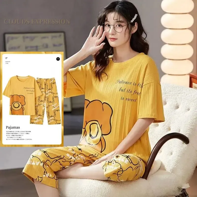 Summer Knitted Cotton Cartoon Pajamas Sets Women Pyjamas Sleepwear Nightwear Pijama Mujer Plus Size Calf-Length Pants Homewear
