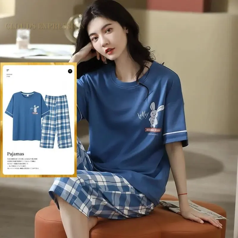 Summer Knitted Cotton Cartoon Pajamas Sets Women Pyjamas Sleepwear Nightwear Pijama Mujer Plus Size Calf-Length Pants Homewear