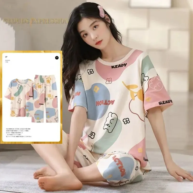 Summer Knitted Cotton Cartoon Pajamas Sets Women Pyjamas Sleepwear Nightwear Pijama Mujer Plus Size Calf-Length Pants Homewear