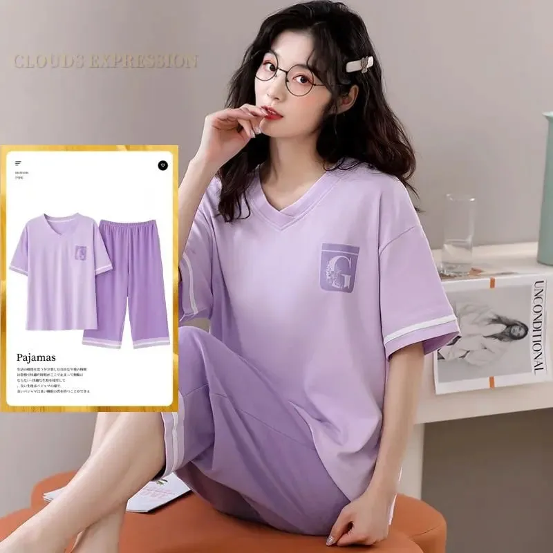 Summer Knitted Cotton Cartoon Pajamas Sets Women Pyjamas Sleepwear Nightwear Pijama Mujer Plus Size Calf-Length Pants Homewear