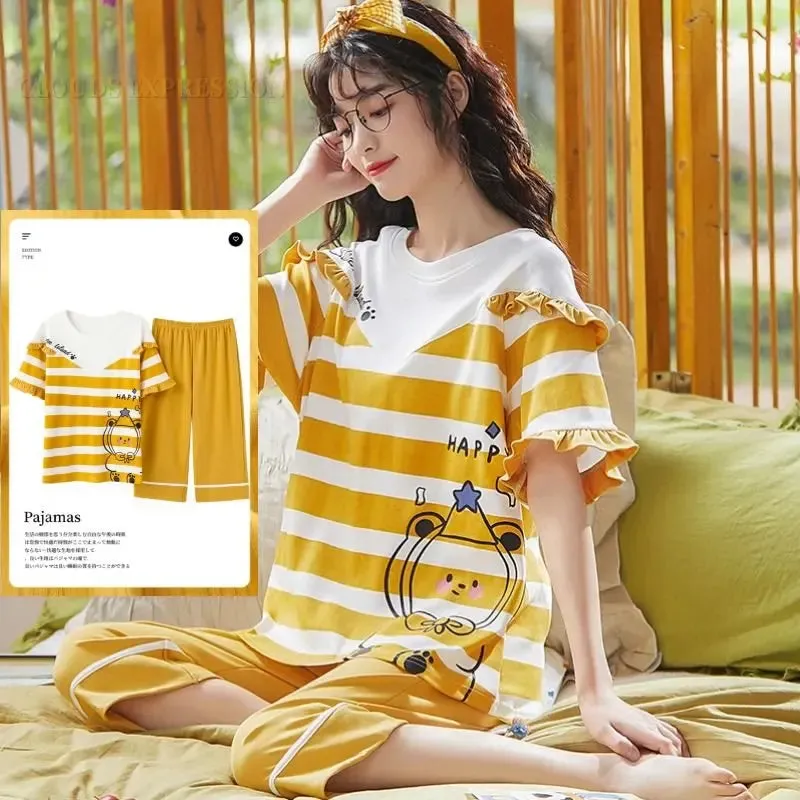 Summer Knitted Cotton Cartoon Pajamas Sets Women Pyjamas Sleepwear Nightwear Pijama Mujer Plus Size Calf-Length Pants Homewear