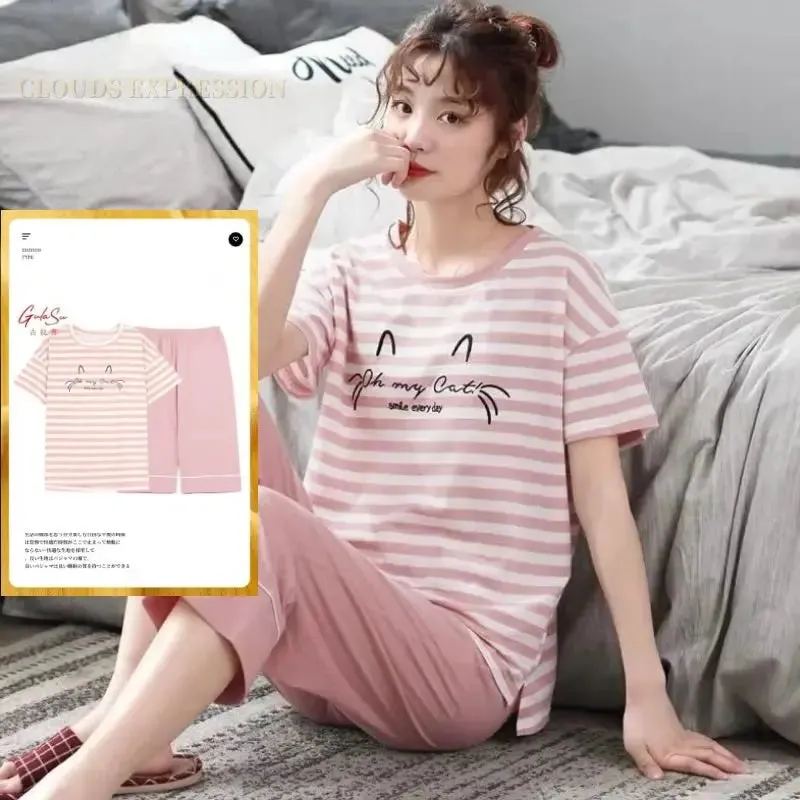Summer Knitted Cotton Cartoon Pajamas Sets Women Pyjamas Sleepwear Nightwear Pijama Mujer Plus Size Calf-Length Pants Homewear