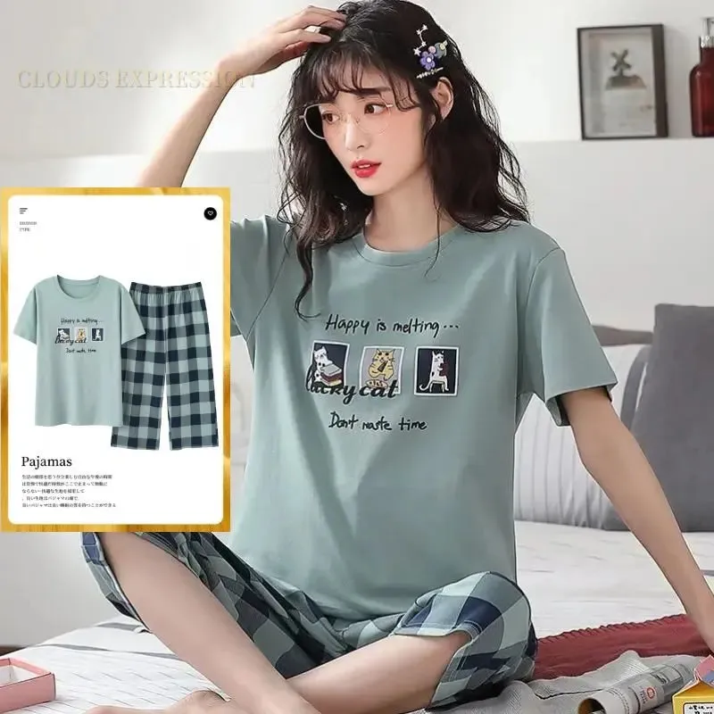 Summer Knitted Cotton Cartoon Pajamas Sets Women Pyjamas Sleepwear Nightwear Pijama Mujer Plus Size Calf-Length Pants Homewear