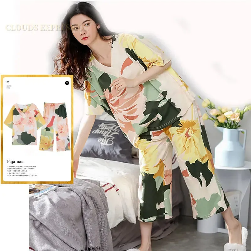 Summer Knitted Cotton Cartoon Pajamas Sets Women Pyjamas Sleepwear Nightwear Pijama Mujer Plus Size Calf-Length Pants Homewear