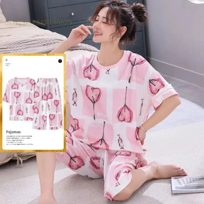 Summer Knitted Cotton Cartoon Pajamas Sets Women Pyjamas Sleepwear Nightwear Pijama Mujer Plus Size Calf-Length Pants Homewear