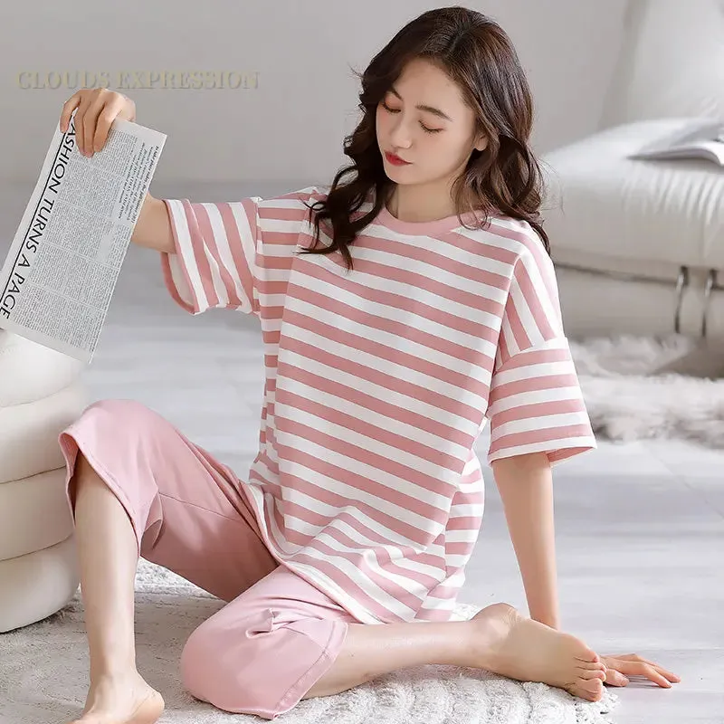 Summer Knitted Cotton Cartoon Pajamas Sets Women Pyjamas Sleepwear Nightwear Pijama Mujer Plus Size Calf-Length Pants Homewear