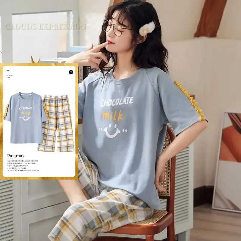 Summer Knitted Cotton Cartoon Pajamas Sets Women Pyjamas Sleepwear Nightwear Pijama Mujer Plus Size Calf-Length Pants Homewear