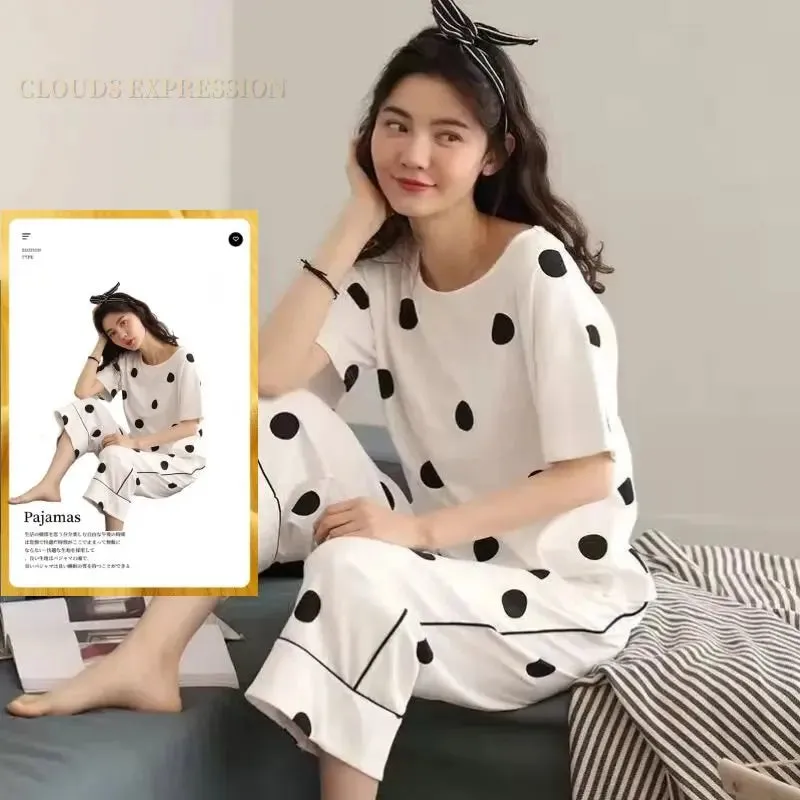 Summer Knitted Cotton Cartoon Pajamas Sets Women Pyjamas Sleepwear Nightwear Pijama Mujer Plus Size Calf-Length Pants Homewear