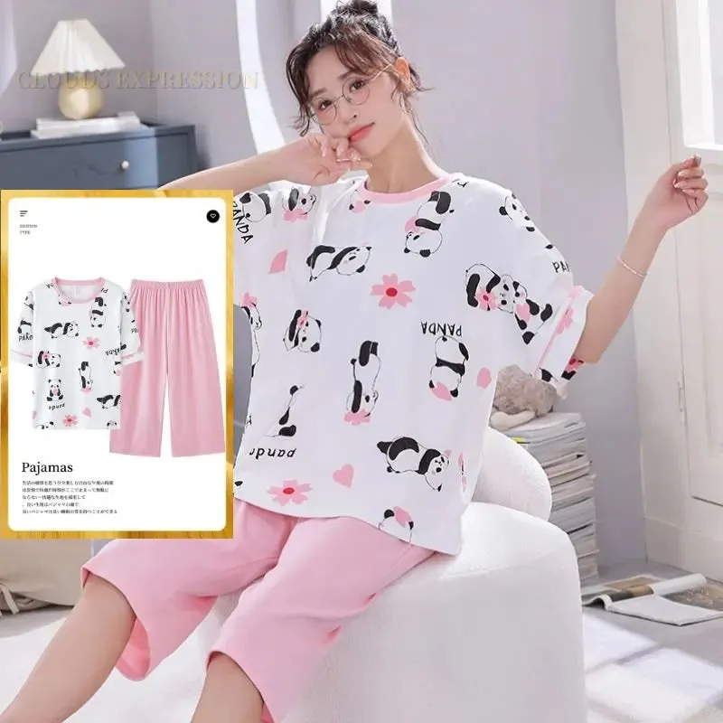 Summer Knitted Cotton Cartoon Pajamas Sets Women Pyjamas Sleepwear Nightwear Pijama Mujer Plus Size Calf-Length Pants Homewear