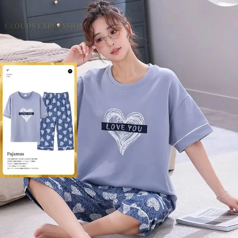 Summer Knitted Cotton Cartoon Pajamas Sets Women Pyjamas Sleepwear Nightwear Pijama Mujer Plus Size Calf-Length Pants Homewear