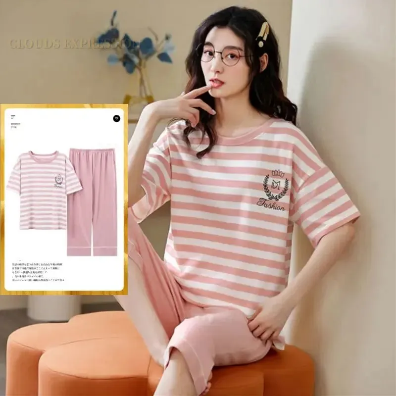 Summer Knitted Cotton Cartoon Pajamas Sets Women Pyjamas Sleepwear Nightwear Pijama Mujer Plus Size Calf-Length Pants Homewear