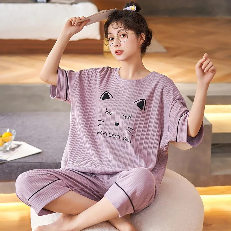 Summer Knitted Cotton Cartoon Pajamas Sets Women Pyjamas Sleepwear Nightwear Pijama Mujer Plus Size Calf-Length Pants Homewear