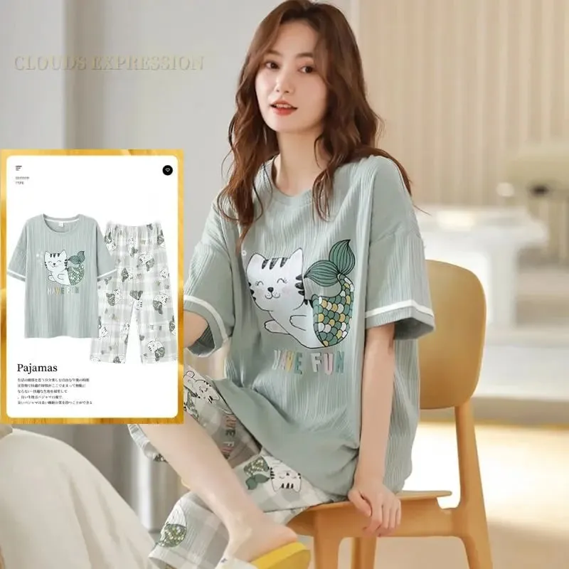 Summer Knitted Cotton Cartoon Pajamas Sets Women Pyjamas Sleepwear Nightwear Pijama Mujer Plus Size Calf-Length Pants Homewear