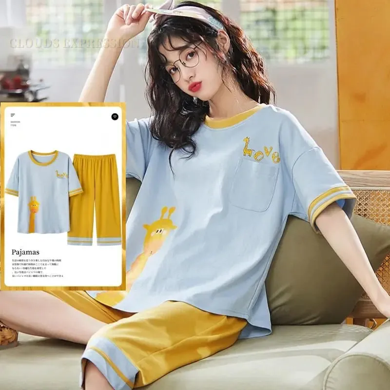 Summer Knitted Cotton Cartoon Pajamas Sets Women Pyjamas Sleepwear Nightwear Pijama Mujer Plus Size Calf-Length Pants Homewear