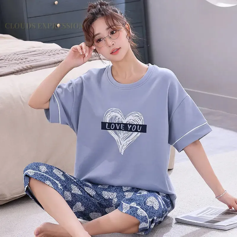 Summer Knitted Cotton Cartoon Pajamas Sets Women Pyjamas Sleepwear Nightwear Pijama Mujer Plus Size Calf-Length Pants Homewear