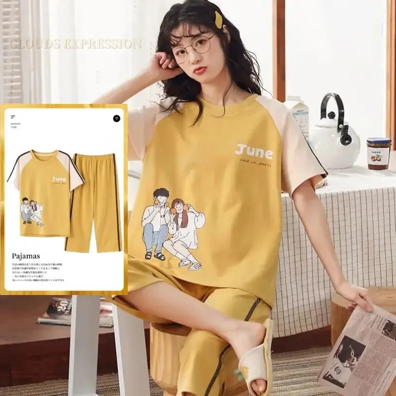 Summer Knitted Cotton Cartoon Pajamas Sets Women Pyjamas Sleepwear Nightwear Pijama Mujer Plus Size Calf-Length Pants Homewear