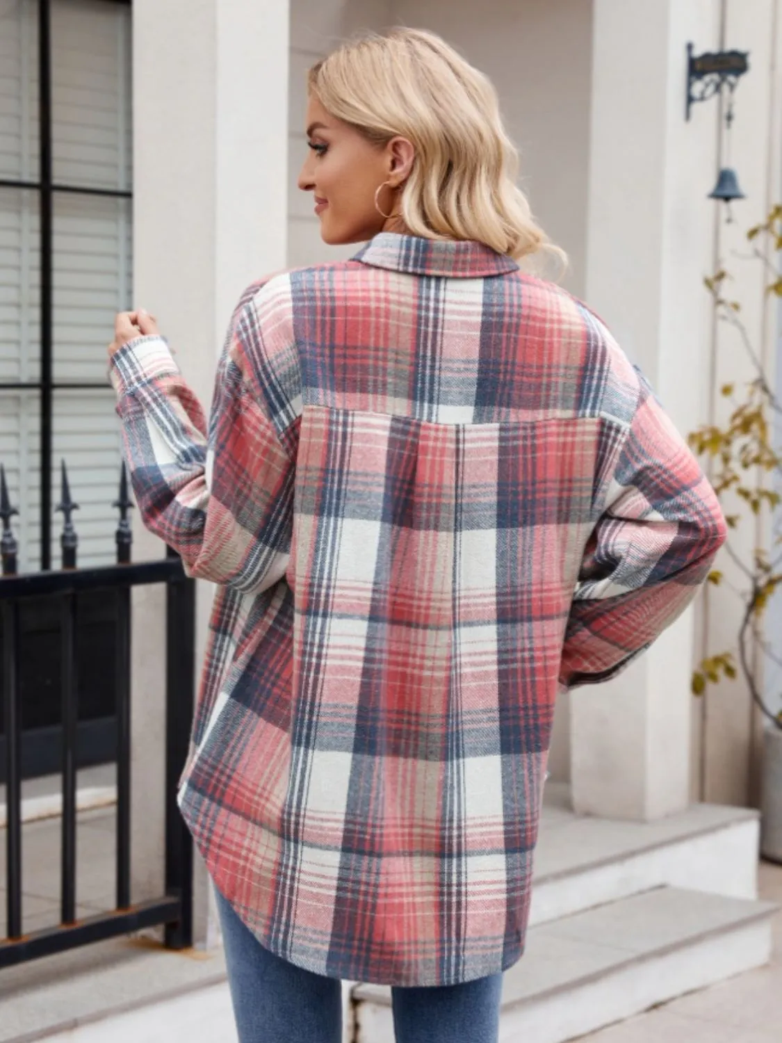 Throw -It-On Plaid Collared Neck Long Sleeve Shirt plaid shirt
