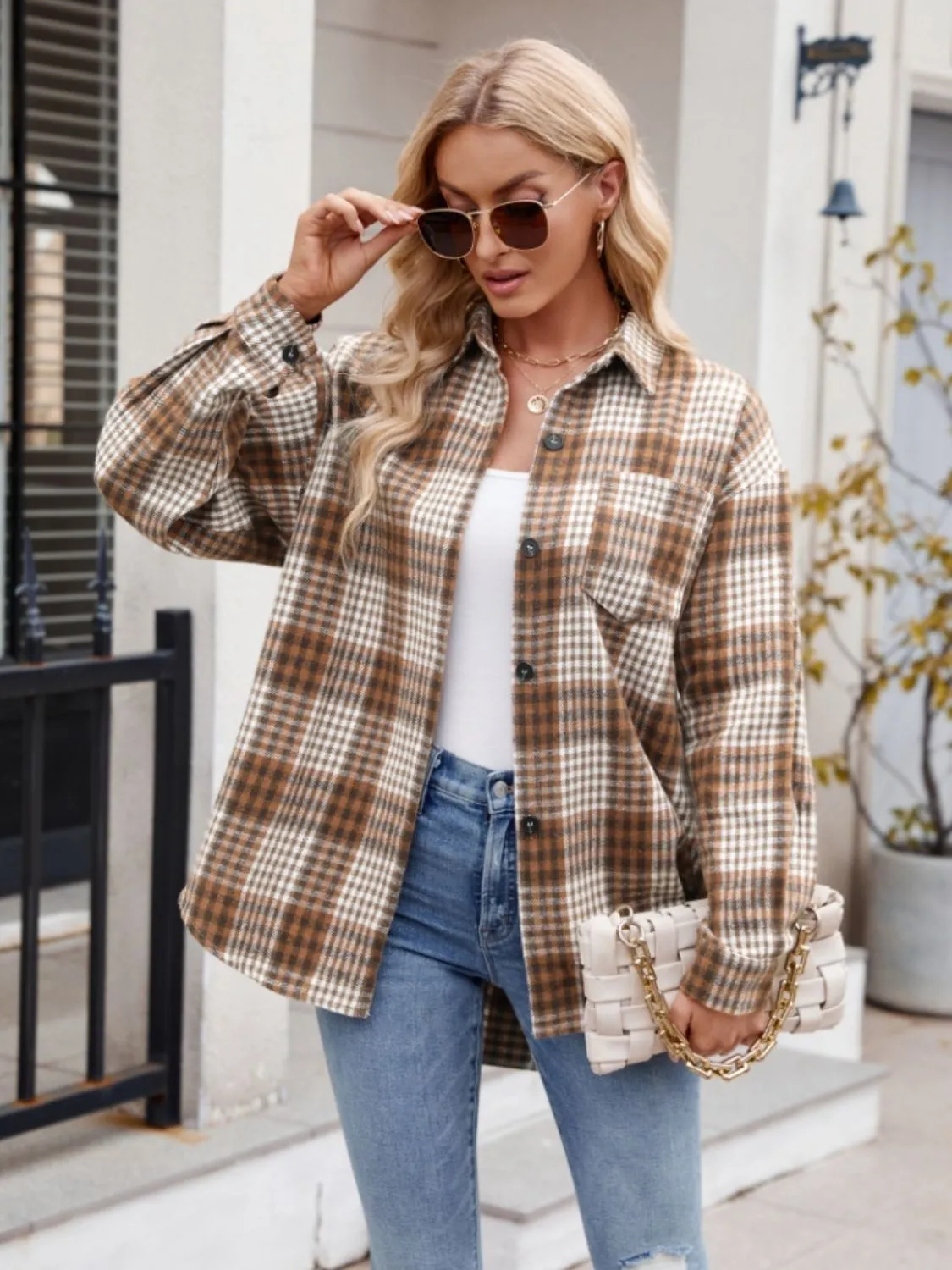 Throw -It-On Plaid Collared Neck Long Sleeve Shirt plaid shirt