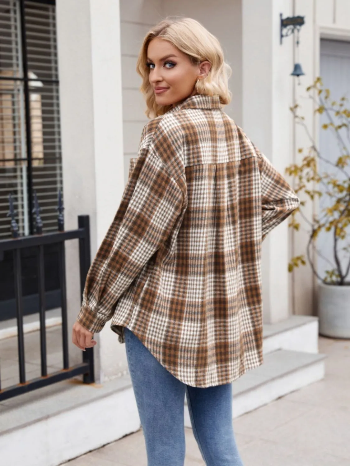 Throw -It-On Plaid Collared Neck Long Sleeve Shirt plaid shirt