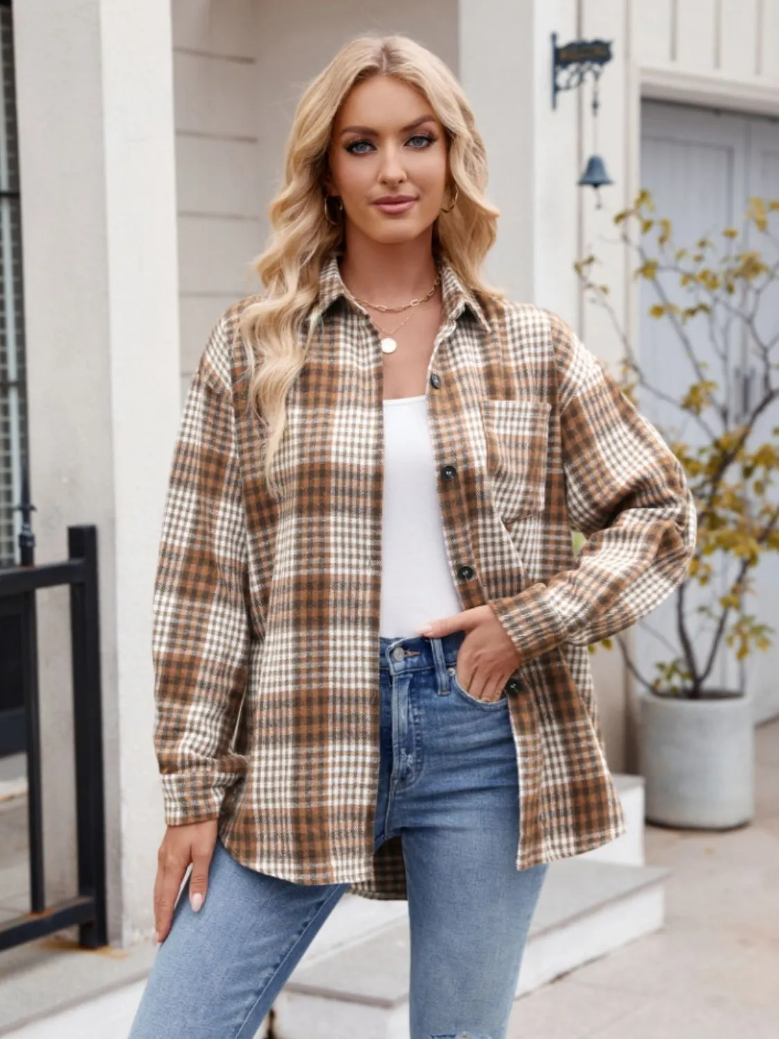 Throw -It-On Plaid Collared Neck Long Sleeve Shirt plaid shirt