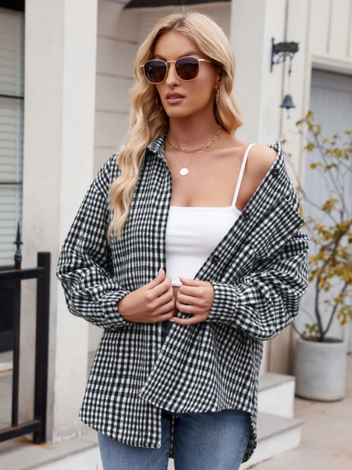Throw -It-On Plaid Collared Neck Long Sleeve Shirt plaid shirt