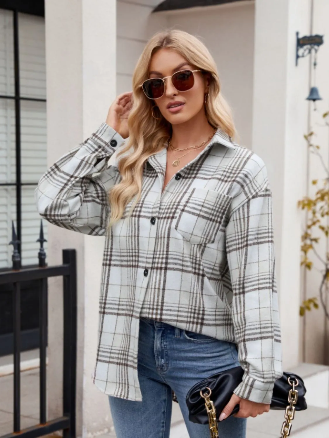 Throw -It-On Plaid Collared Neck Long Sleeve Shirt plaid shirt