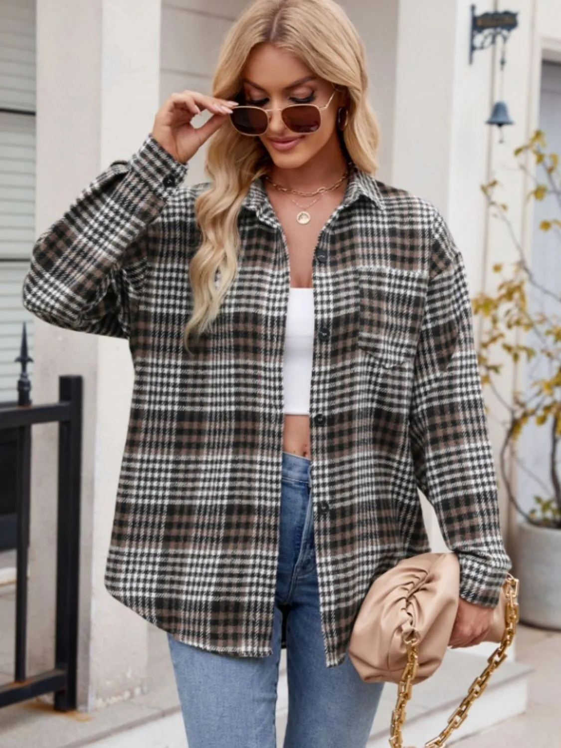 Throw -It-On Plaid Collared Neck Long Sleeve Shirt plaid shirt