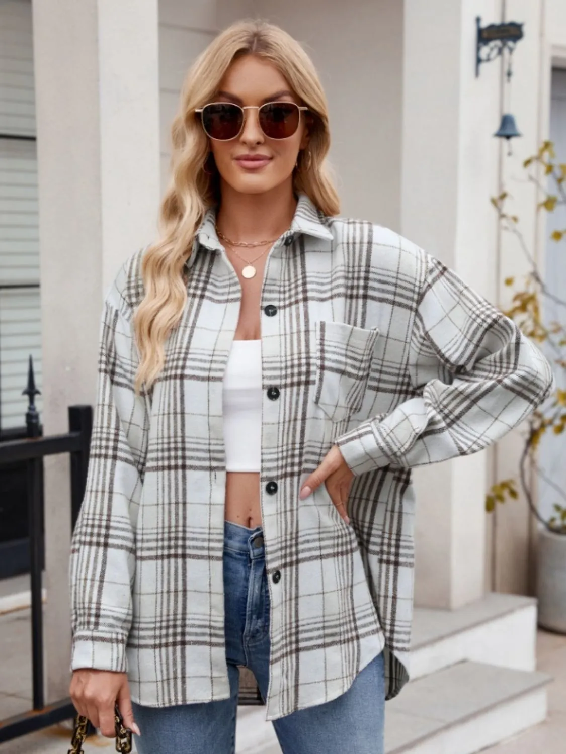 Throw -It-On Plaid Collared Neck Long Sleeve Shirt plaid shirt