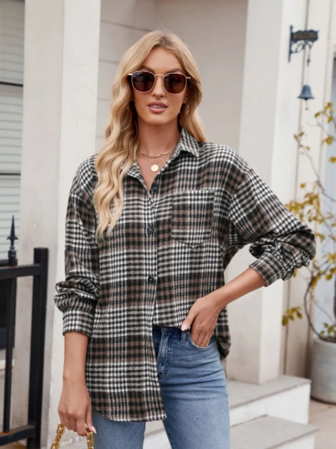 Throw -It-On Plaid Collared Neck Long Sleeve Shirt plaid shirt