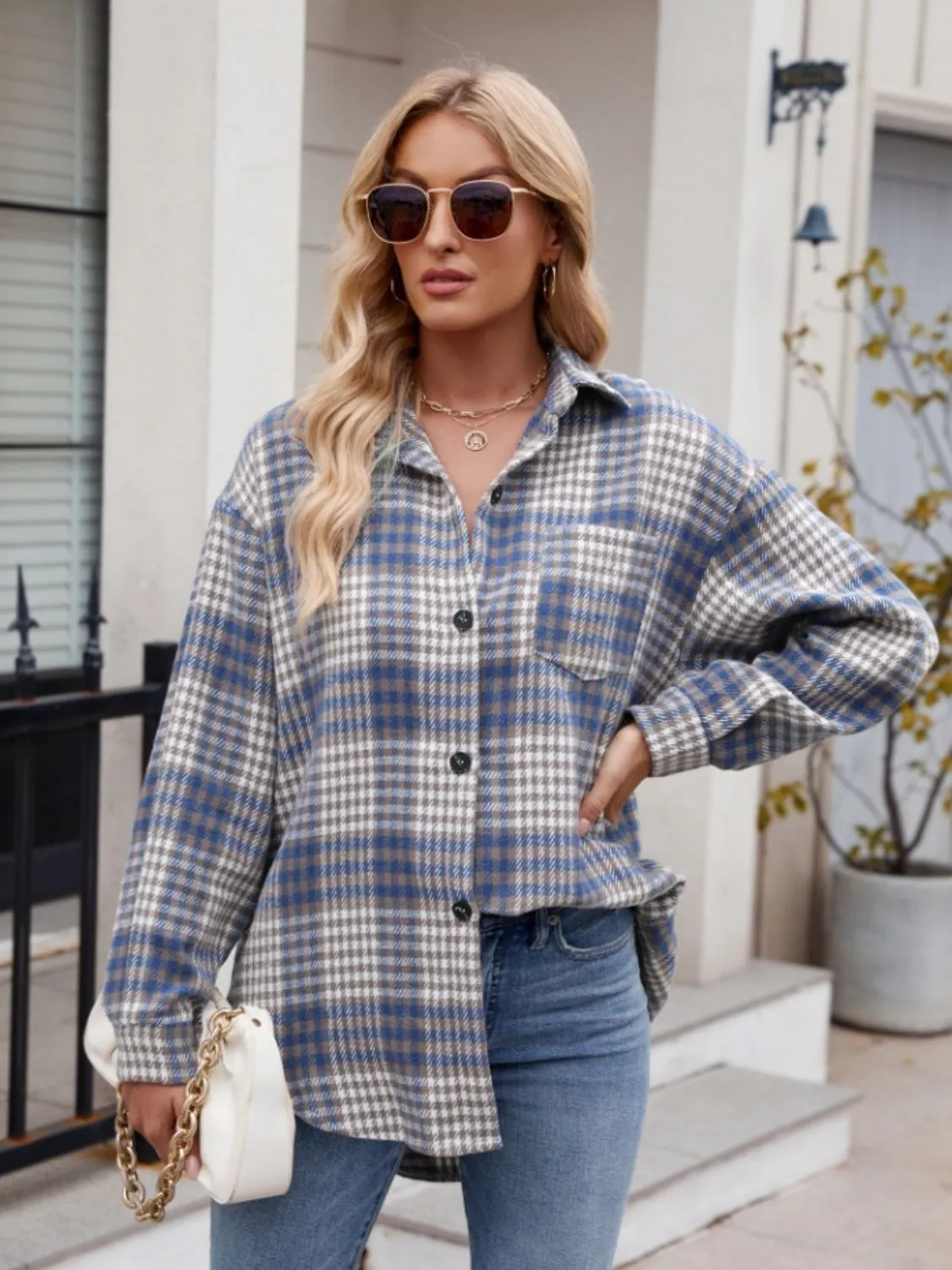 Throw -It-On Plaid Collared Neck Long Sleeve Shirt plaid shirt