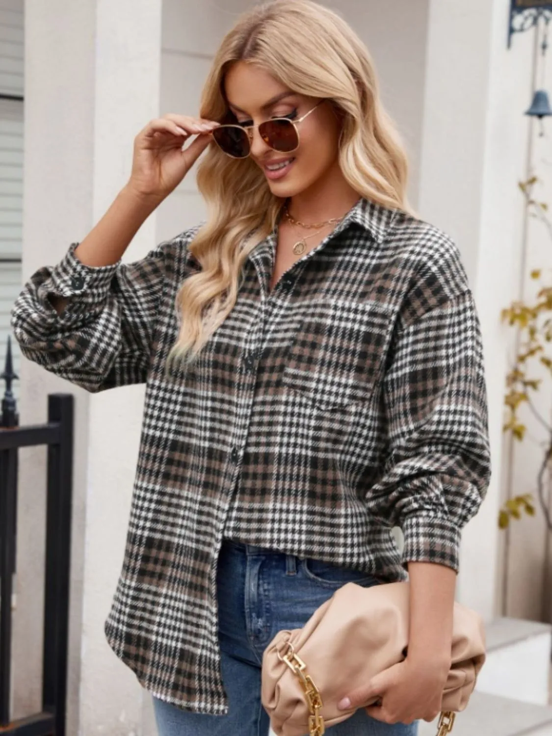 Throw -It-On Plaid Collared Neck Long Sleeve Shirt plaid shirt