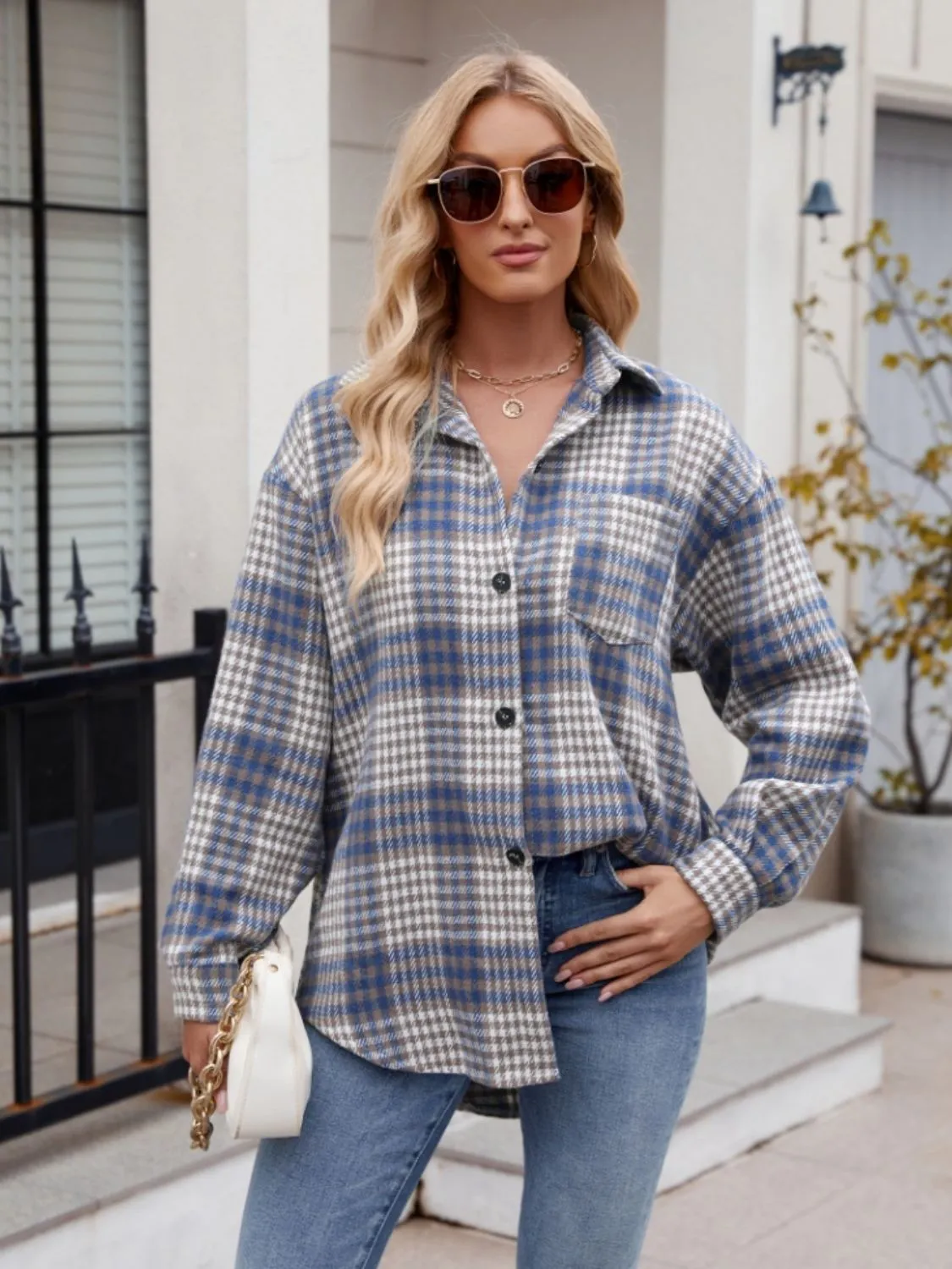 Throw -It-On Plaid Collared Neck Long Sleeve Shirt plaid shirt
