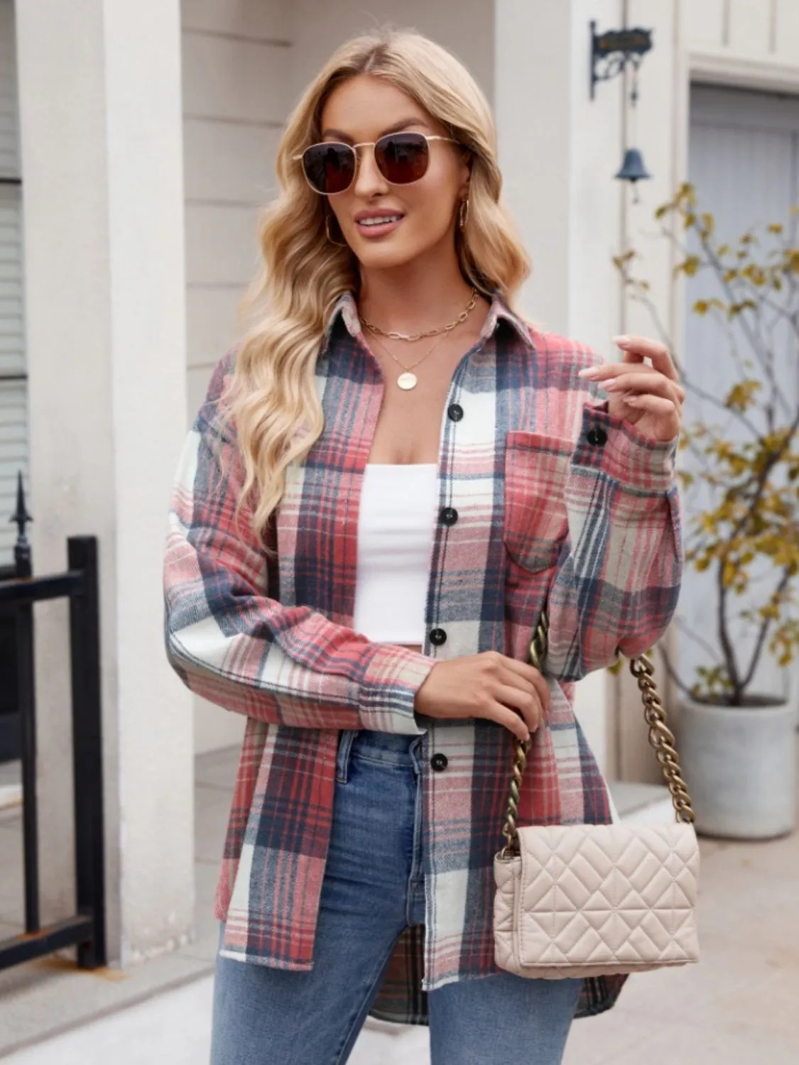 Throw -It-On Plaid Collared Neck Long Sleeve Shirt plaid shirt