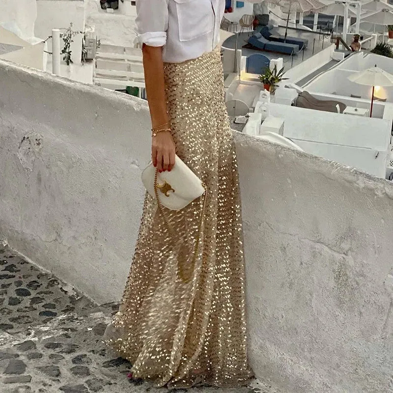 UAKISS  -  Holiday Beach Bohemian Women Sequins Skirts Spring High Waist Slim Bodycon Long Skirt Autumn Elegant Office Lady Skirts Harajuku
