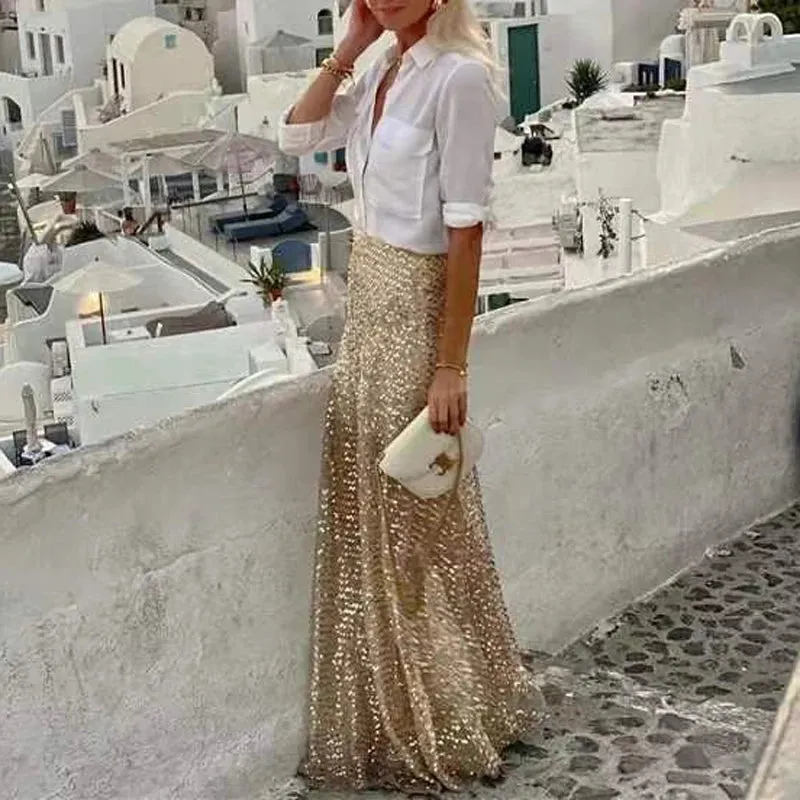 UAKISS  -  Holiday Beach Bohemian Women Sequins Skirts Spring High Waist Slim Bodycon Long Skirt Autumn Elegant Office Lady Skirts Harajuku