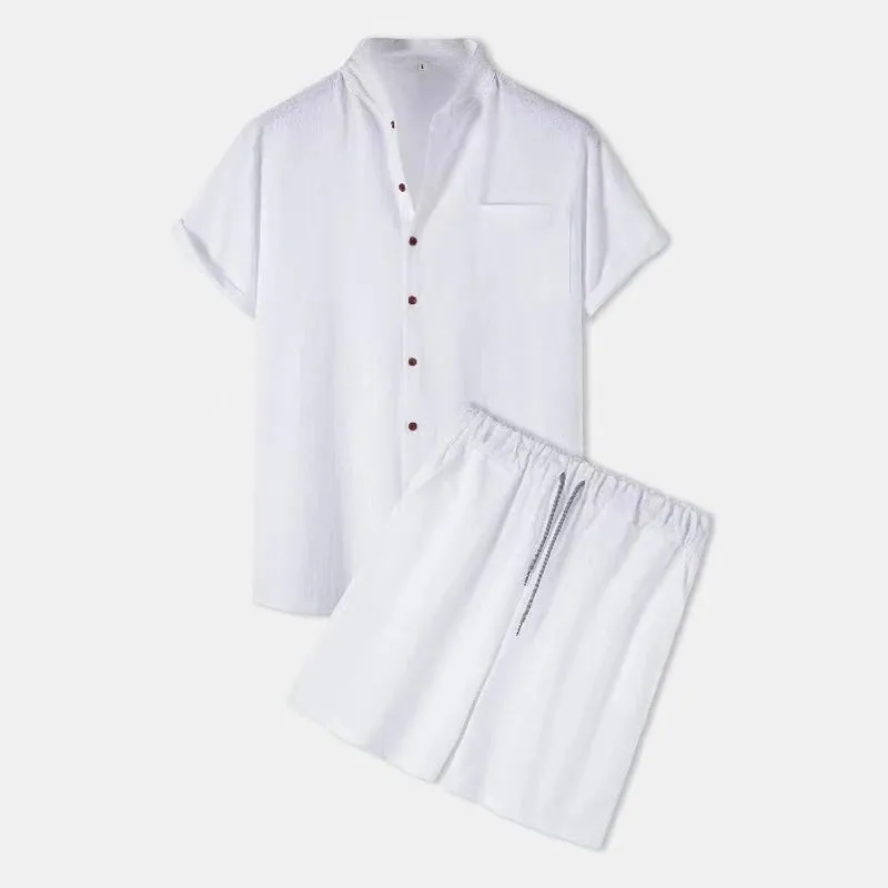 Wiaofellas  -  Fashion Men's Linen Shirt Sets Summer Short Sleeve Shorts 2-Piece Suit Solid Color Casual Beach Sets Breathable Comfort Suit
