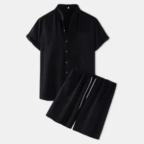 Wiaofellas  -  Fashion Men's Linen Shirt Sets Summer Short Sleeve Shorts 2-Piece Suit Solid Color Casual Beach Sets Breathable Comfort Suit