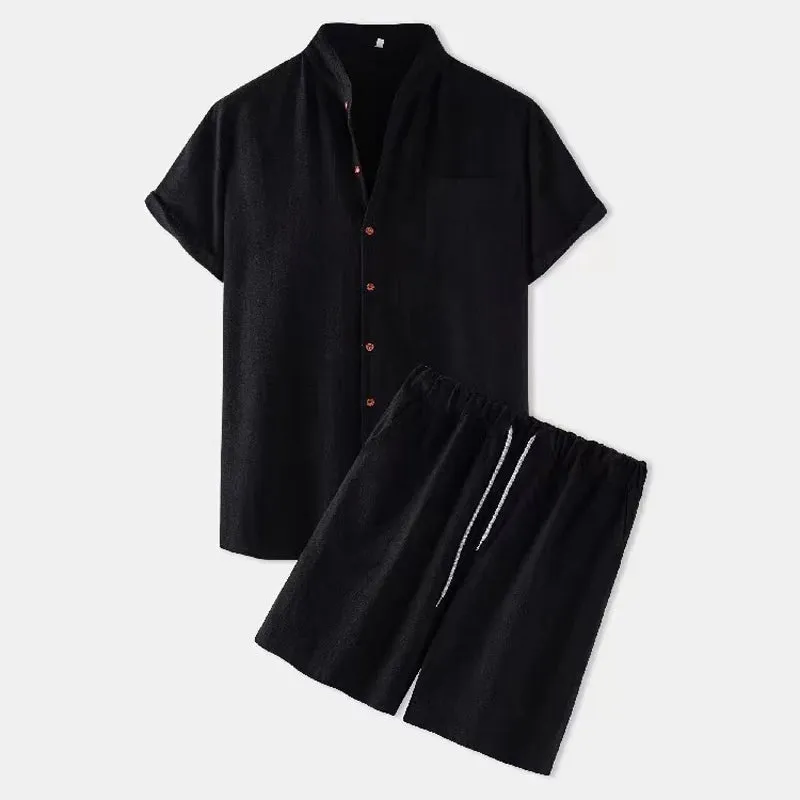Wiaofellas  -  Fashion Men's Linen Shirt Sets Summer Short Sleeve Shorts 2-Piece Suit Solid Color Casual Beach Sets Breathable Comfort Suit