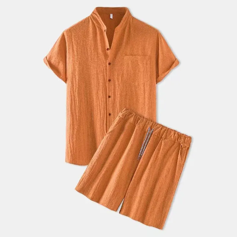 Wiaofellas  -  Fashion Men's Linen Shirt Sets Summer Short Sleeve Shorts 2-Piece Suit Solid Color Casual Beach Sets Breathable Comfort Suit