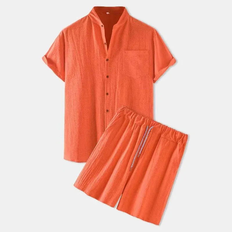 Wiaofellas  -  Fashion Men's Linen Shirt Sets Summer Short Sleeve Shorts 2-Piece Suit Solid Color Casual Beach Sets Breathable Comfort Suit