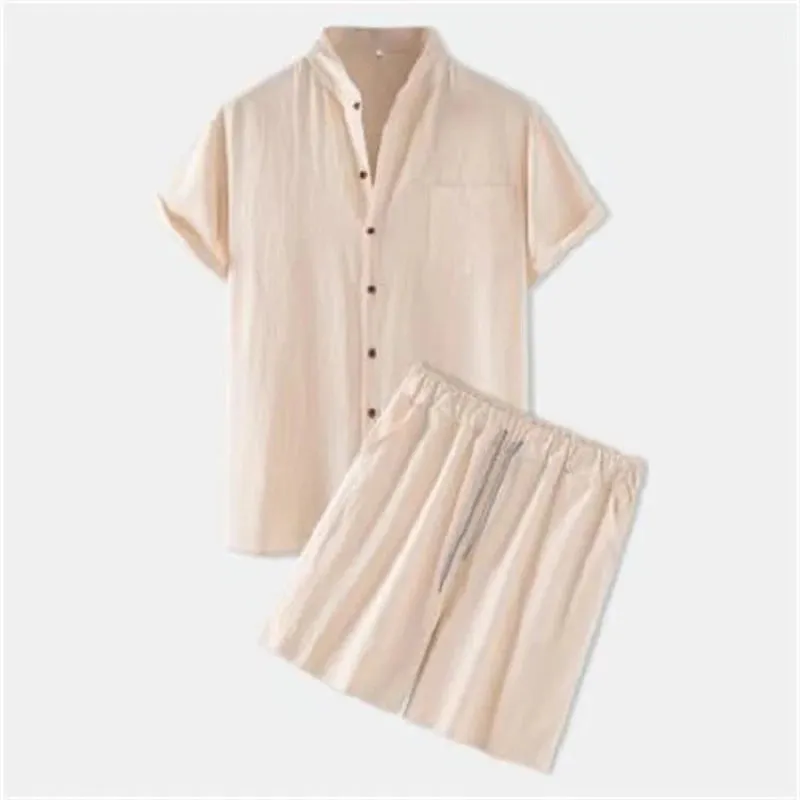 Wiaofellas  -  Fashion Men's Linen Shirt Sets Summer Short Sleeve Shorts 2-Piece Suit Solid Color Casual Beach Sets Breathable Comfort Suit