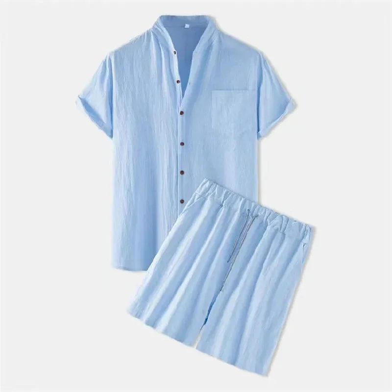 Wiaofellas  -  Fashion Men's Linen Shirt Sets Summer Short Sleeve Shorts 2-Piece Suit Solid Color Casual Beach Sets Breathable Comfort Suit