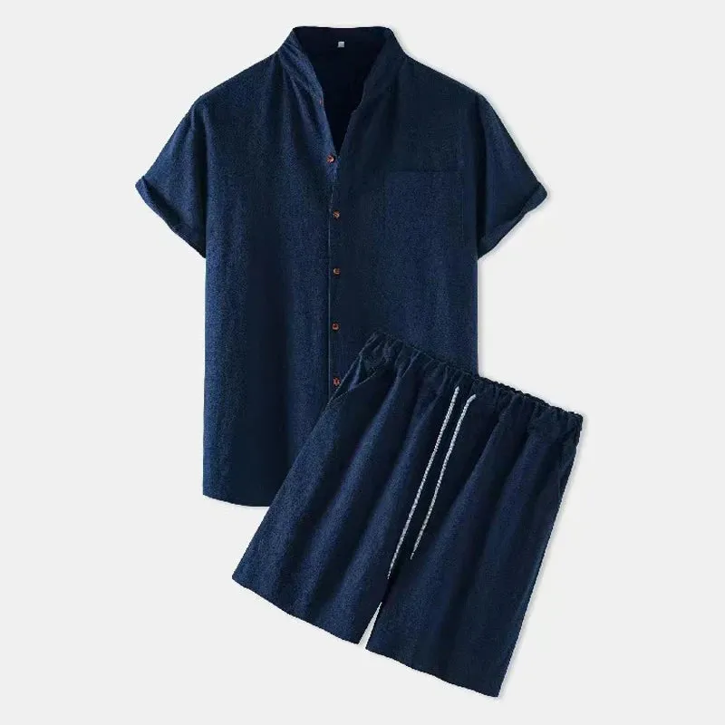 Wiaofellas  -  Fashion Men's Linen Shirt Sets Summer Short Sleeve Shorts 2-Piece Suit Solid Color Casual Beach Sets Breathable Comfort Suit