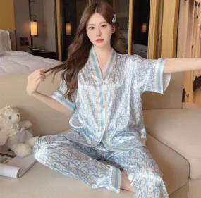 Women's 2 Piece Silk Pajama Set, Button-Down Top and Pants, Luxury Nightwear   590514