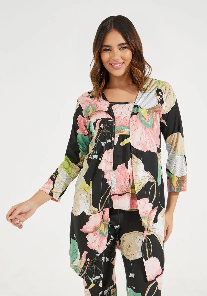 Women's 3 pcs Sleepwear Leaf Print Cami and Pants Pajama Set 559571