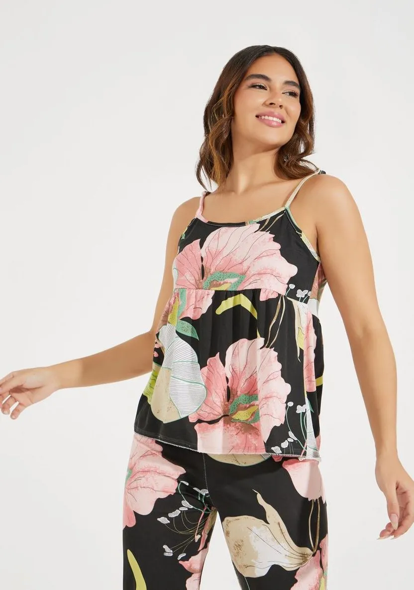 Women's 3 pcs Sleepwear Leaf Print Cami and Pants Pajama Set 559571