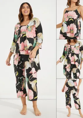 Women's 3 pcs Sleepwear Leaf Print Cami and Pants Pajama Set 559571